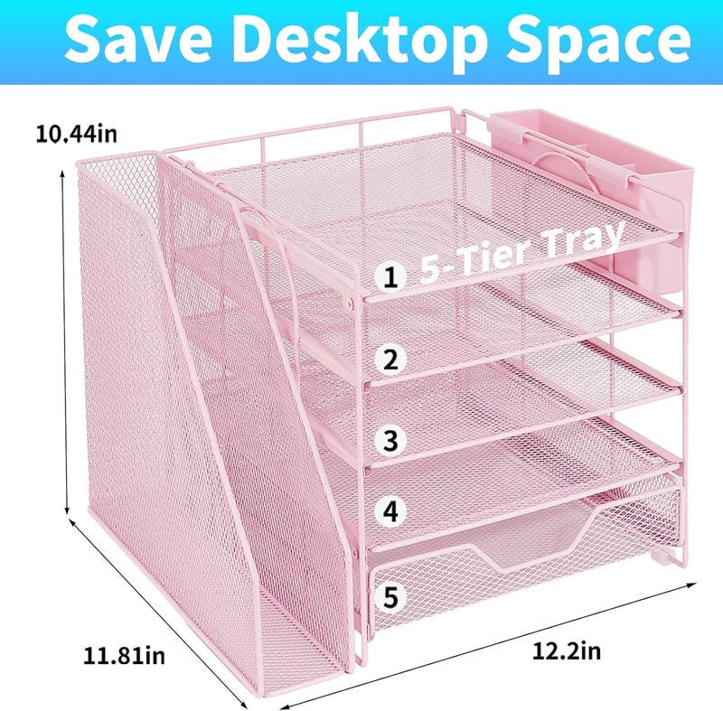 Gugsey Desk Organizer, 5-Tier Paper Letter Tray Organizer with File Holder, Drawer and Pen Holder, Desktop Organizer for Office Supplies, Pink - Image 2